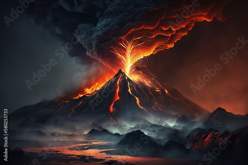 Experience the fiery spectacle of a volcanic eruption with this majestic and dramatic landscape photo. Awe-inspiring nature's power at its best. Generative AI