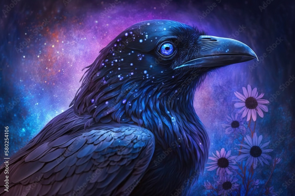 a painting of a black bird with blue eyes and a purple background with ...