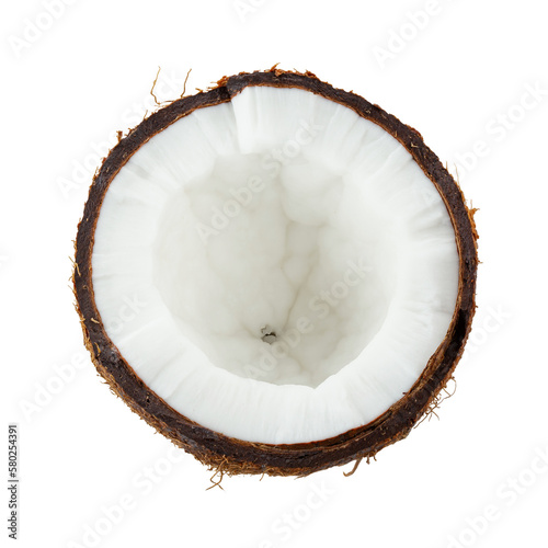 Tropical fruit, half coconut isolate on white background. File contains clipping path.