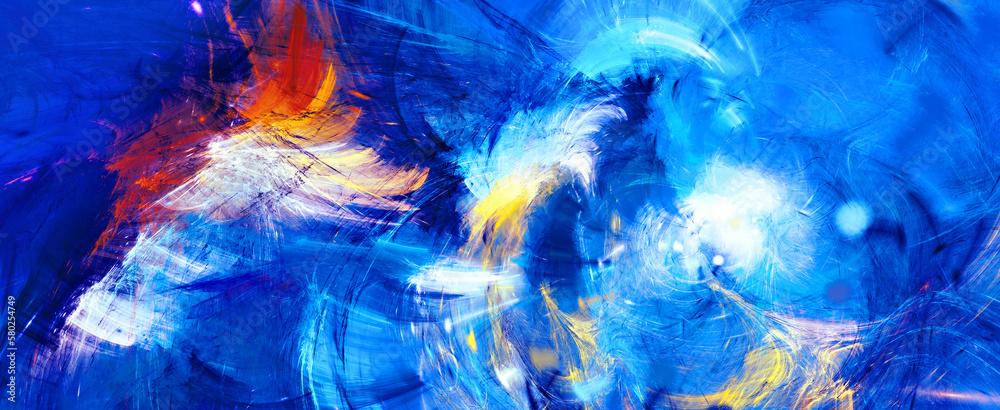 Art painting. Abstract blue paint background. Bright dynamic color. Fractal artwork for creative graphic design