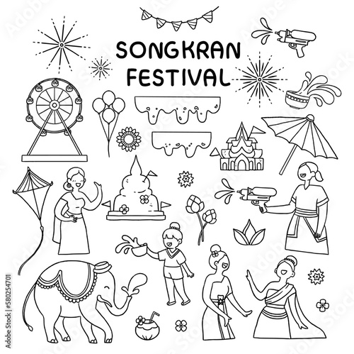 Songkran festival or water festival of Thailand with minimal doodle style illustrantion