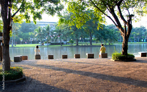 two old woman, senior sitting on a bench in the park