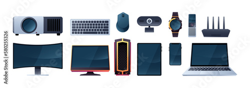 Technology gadgets set. Portable wireless appliances, cartoon bundle of electronic devices and computer appliance flat style. Vector isolated collection as laptop, keyboard, smartphone and computer