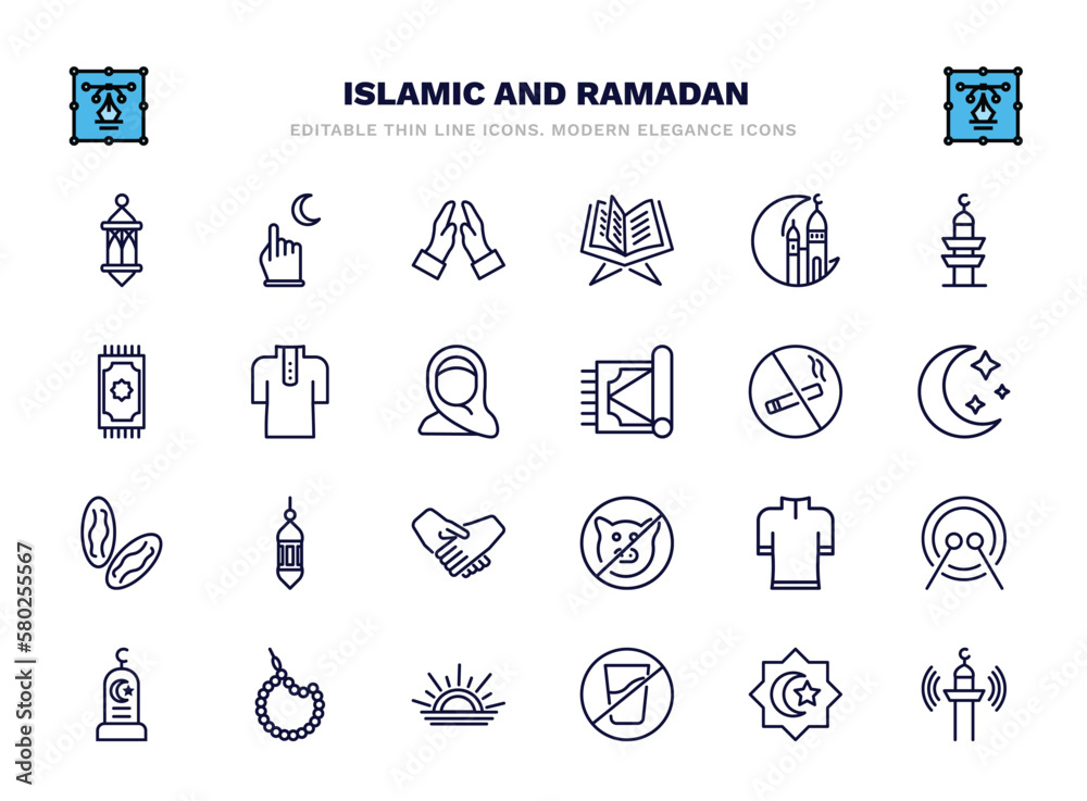 Naklejka premium set of islamic and ramadan thin line icons. islamic and ramadan outline icons such as lamp, prayer, ramadan, muslim clothes, no smoking, lantern, kurta, beads, no drink, adzan vector.