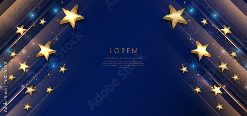 Stampa su tela Abstract luxury golden stars on dark blue background with lighting effect and spakle