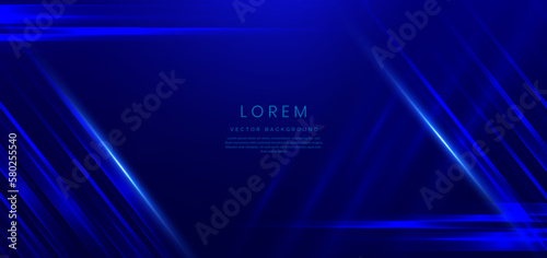 Abstract technology futuristic glowing blue light lines with speed motion blur effect on dark blue background.