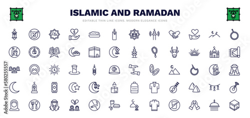 set of islamic and ramadan thin line icons. islamic and ramadan outline icons such as lamp, halal, candle, desert, cow, alms, happy ramadan, arab, mecca vector.