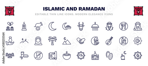set of islamic and ramadan thin line icons. islamic and ramadan outline icons such as divorse, cannon, cow, arab man, muslimah, greetings, polygamy, carpet, mosque, faith in allah vector.