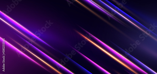 Abstract technology futuristic neon diagonal glowing blue and pink  light lines with speed motion blur effect on dark blue background.