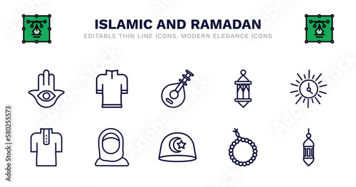 set of islamic and ramadan thin line icons. islamic and ramadan outline icons such as kurta, oud, lamp, imsak, muslim clothes, muslim clothes, muslimah, muslim hat, tasbih, lantern vector.