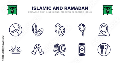 set of islamic and ramadan thin line icons. islamic and ramadan outline icons such as dates, nuts, rosary, hijab, sunrise, sunrise, prayer, quran, prayer mat, meals vector.