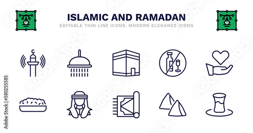 set of islamic and ramadan thin line icons. islamic and ramadan outline icons such as ghusl, kaaba, no alcohol, charity, halva, halva, arab, carpet, samosa, tea vector.