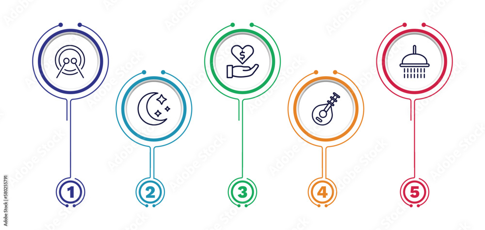 set of islamic and ramadan thin line icons. islamic and ramadan outline icons with infographic template. linear icons such as drums, donation, ghusl, crescent, oud vector.