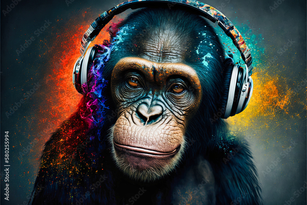 DJ monkey with headphones listening to music. Music graphite poster