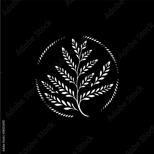 Herbs boho logo white icon of hand drawn sketch dry branch leaves silhouette on black background, t-shirt print, nature label, tattoo template. Isolated vector illustration