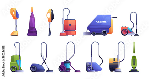 Vacuum cleaner collection. Washing and cleaning professional equipment for home and office, cyclone hoover cleaning service machine. Vector set. Electric tool for housekeeping and hygiene