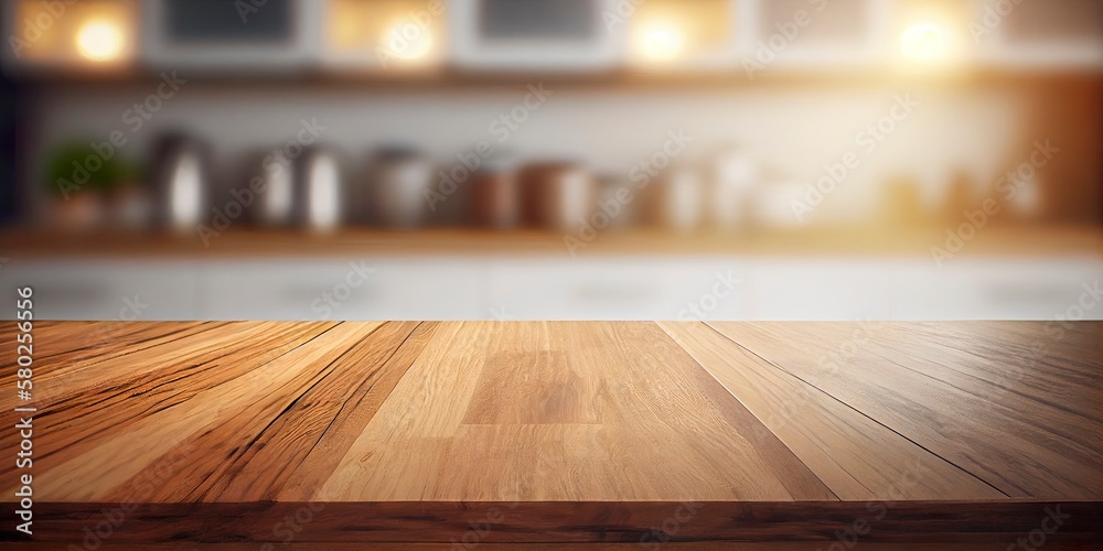 Wooden kitchen table with bokeh and room for copy. AI Generative Art. Wooden kitchen table with bokeh and room for copy. AI Generative Art.