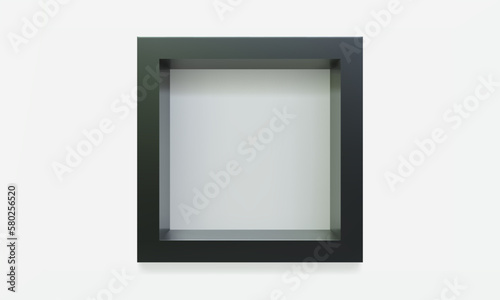 Empty black cube shelf or niche on white wall 3D mockup. Shop, gallery plastic or wooden showcase to present product. Blank retail storage space. Interior design furniture. Living room bookshelf