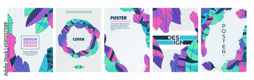 Covers with feathers. Abstract feathered decoration boho flat style, artistic posters with bird wing plumage pattern creative composition. Vector background set. Bright cover or brochure