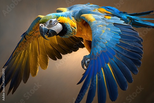 Close up of a flying blue and gold macaw. Generative AI