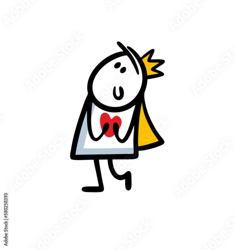 Cartoon doodle prince with a crown romantically folded his arms on his chest and fell in love.