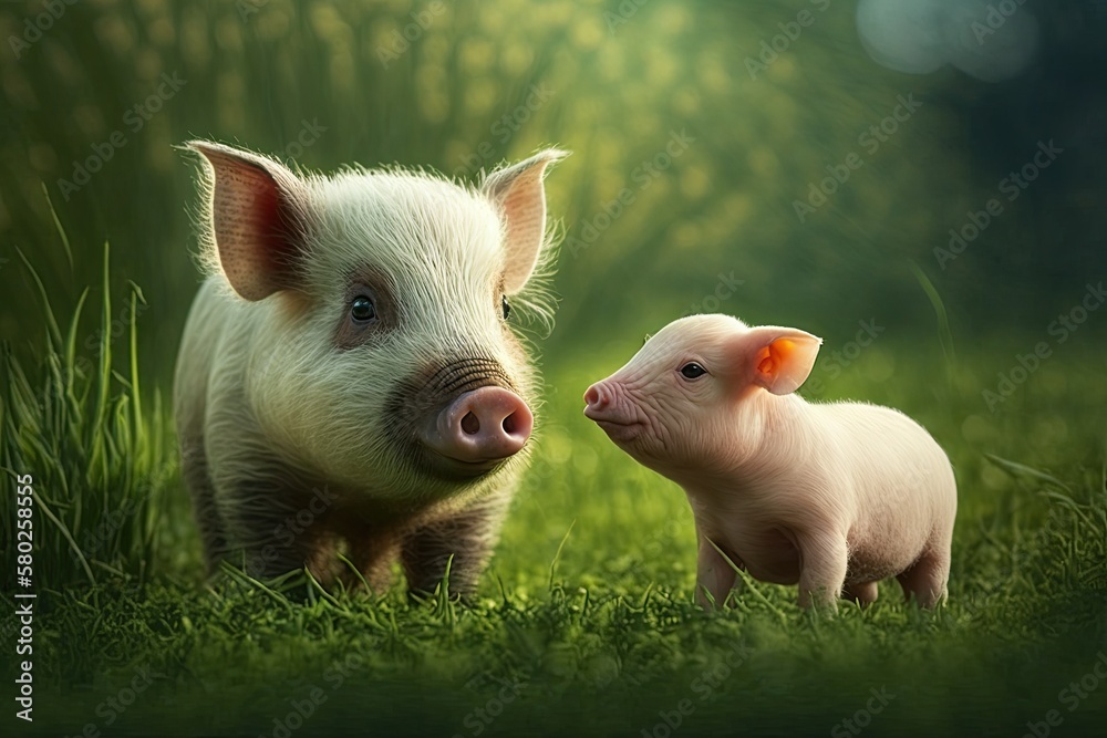 On the green grass, a young pig is walking. The piglet was happy in the meadow. Generative AI On the green grass, a young pig is walking. The piglet was happy in the meadow. Generative AI