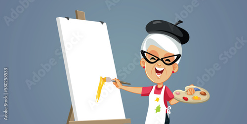 Senior Woman Painting Following her Passion Vector Cartoon Illustration. Elderly retired person having time for hobbies and artistic activities 
