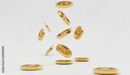 Isolation of US dollar golden coins dropping on white  floor background for investment and deposit saving concept by 3d render.