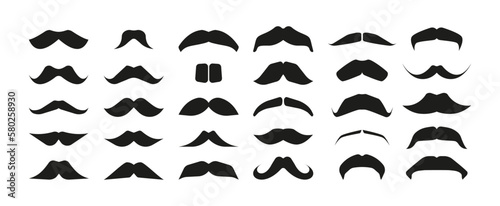 Black mustaches collection. Doodle male whisker icons, variations of mens facial hair styles different forms, simple barber silhouettes. Vector isolated set. Fashionable gentleman hipster elements