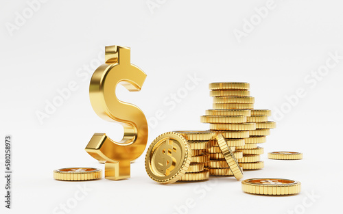 Isolation of heap US dollar golden coins and sign on white  floor background for investment and deposit saving concept by 3d render.