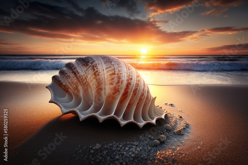 große bunte Muschel im Sand am Strand, Sonnenuntergang, generative AI 