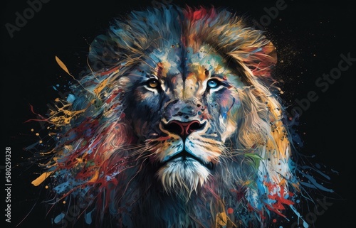Animal Paint series. The brightly painted portrait of a lion in many different colors is about creativity  abstract art  and the power of the mind. Generative AI