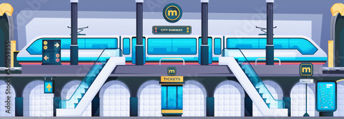 Subway station scene. City metro public passenger terminal, railway underground building with platform for departure and arrival of trains. Vector illustration. Metropolitan service, express trip