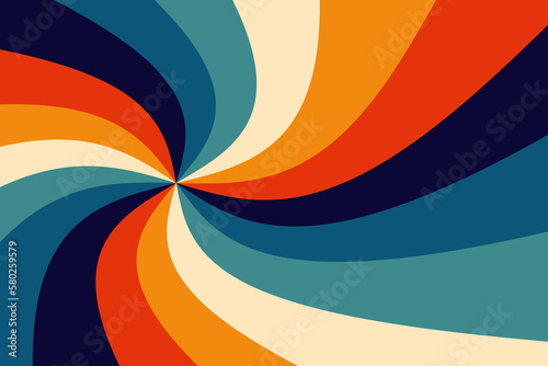 Retro Vintage sunburst swirl in colorful 70's rainbow.