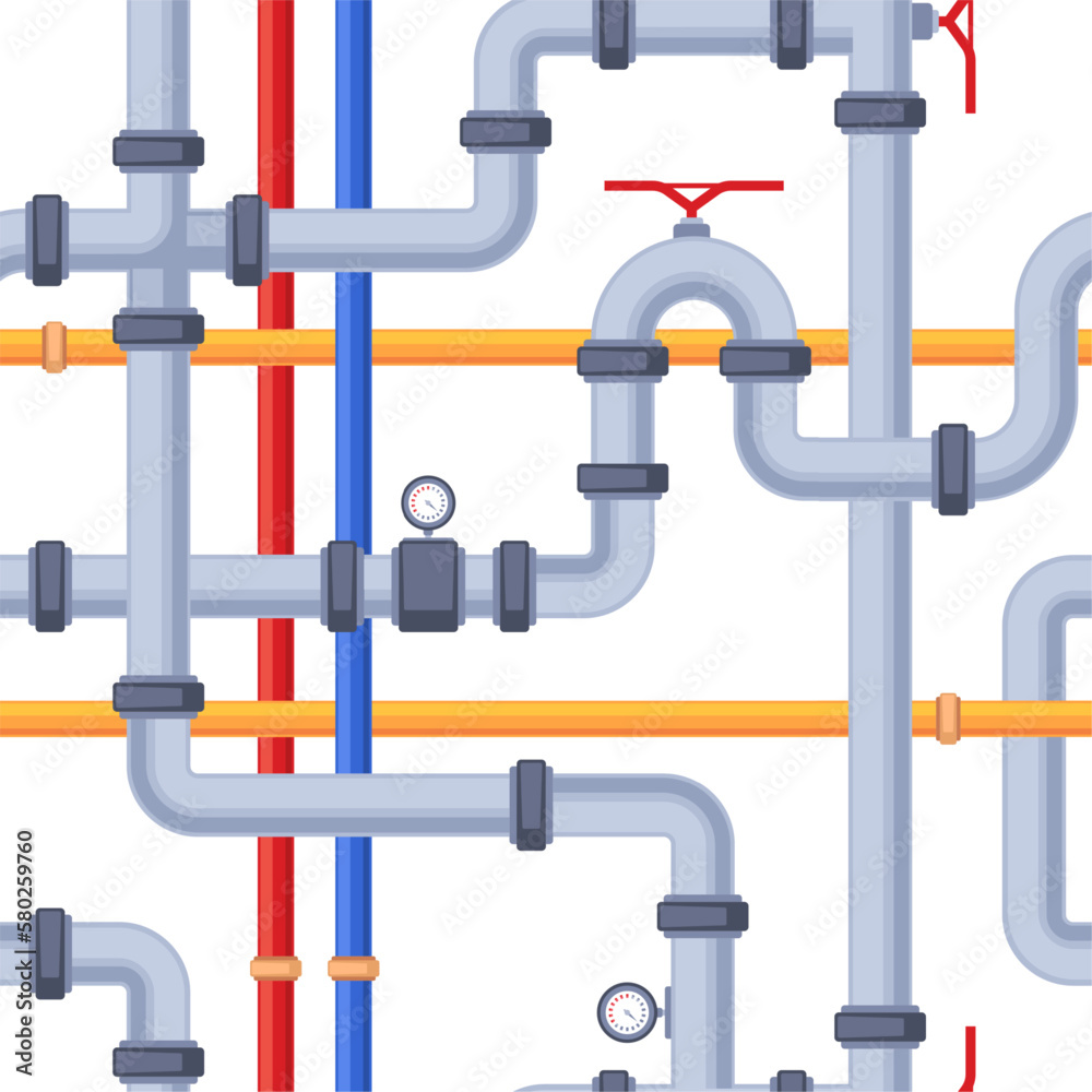 Pipeline pattern. Seamless print with water pipe details, drainage system elements, heating cooling tubes for decorative background. Vector texture. Plumbing construction with indicators Pipeline pattern. Seamless print with water pipe details, drainage system elements, heating cooling tubes for decorative background. Vector texture. Plumbing construction with indicators