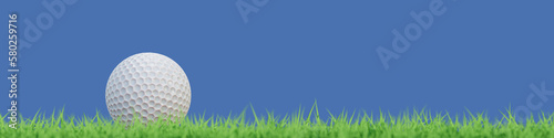 White golf on burred defocus green grass field soft blue banner background 3D rendering