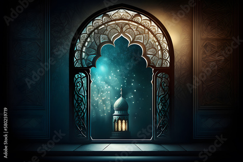 Ramadan Kareem background.Mosque window made with Generative AI