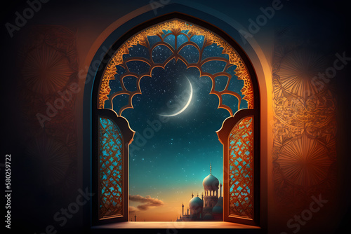 Ramadan Kareem background.Mosque window made with Generative AI