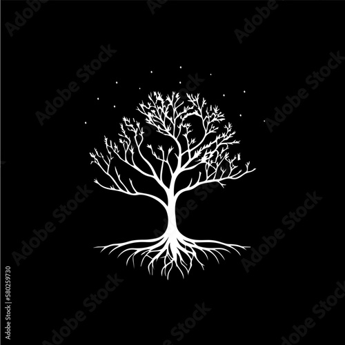 White icon of tree roots silhouette on black background, wise symbol, education sign, boho logo concept, t-shirts print, tattoo template. Vector illustration