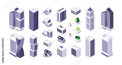 Isometric city constructor kit. Modern cityscape elements with architecture buildings skyscrapers and houses, megalopolis development. Vector set. Tall office and residential properties