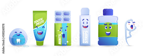 Oral care characters. Teeth hygiene products with cute faces and different emotions, cartoon dentistry personages, mouth cleaning concept. Vector set. Fresh breath and mouth healthcare