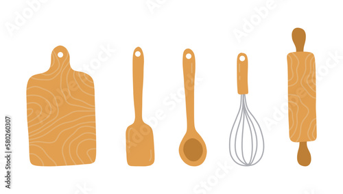 sets of silhouette kitchen wooden tools,Kitchenware, cooking tools. spoon,cutting board,rolling pin,whisk.