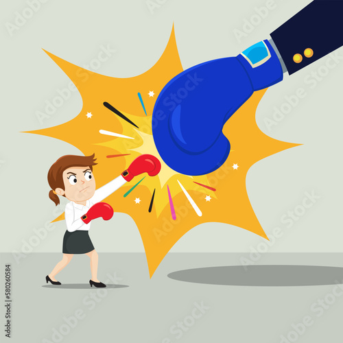 Small businessman hand hitting and fighting giant businessman hand, illustration vector cartoon