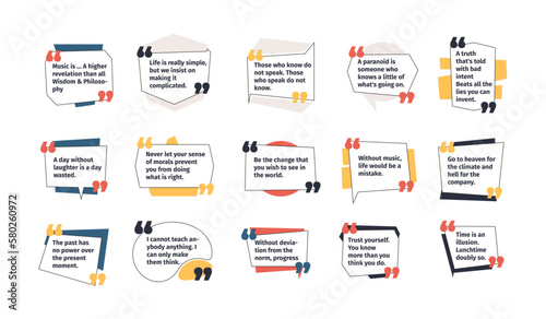 Quote borders. Speech bubble frames with quotation marks for comment quoting, creative text box templates and message banners. Vector set. Speech balloon, communication tags of different shapes