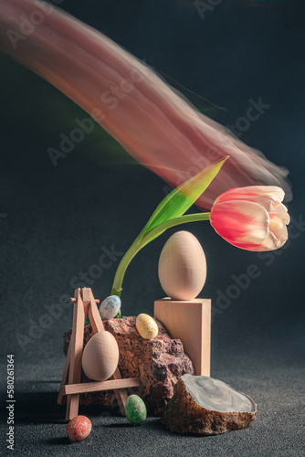 concept spring. freakebana. red-white tulip and Easter eggs. easter concept. photo