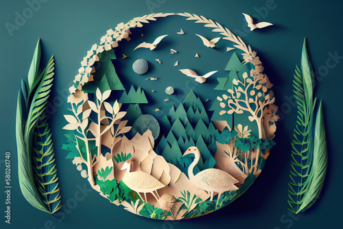 World environment and earth day concept with globe and eco friendly enviroment-paper art. Generative Ai