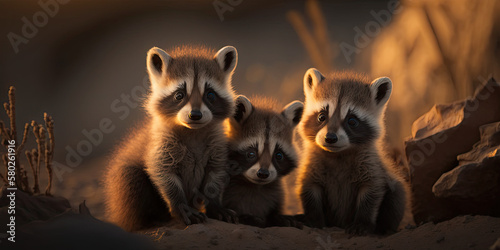 Adorable Raccoon Cubs Enjoying Sunset in High Definition - Exploring the Animal Kingdom. Crafted with Generative AI © Reece