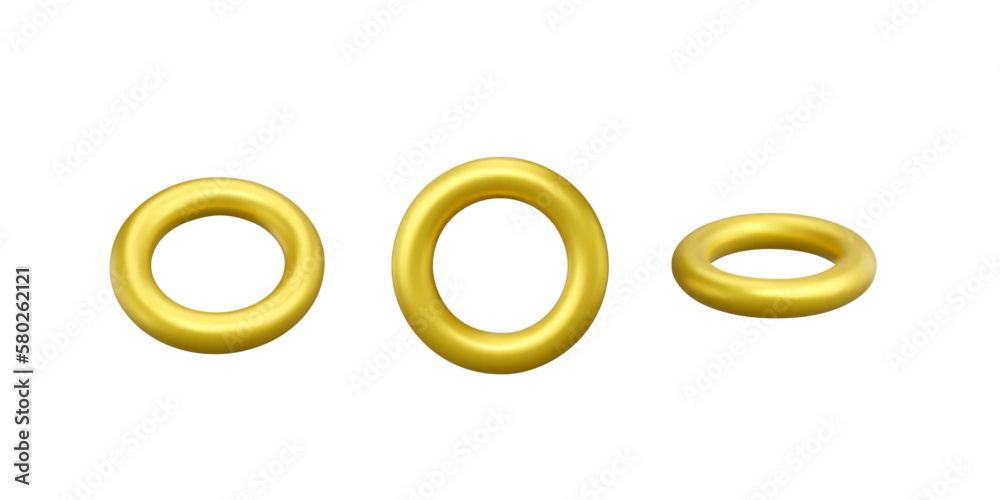 Golden metallic torus. Set of 3D torus objects. Donut realistic geometric shapes. Gold decoration design element Golden metallic torus. Set of 3D torus objects. Donut realistic geometric shapes. Gold decoration design element