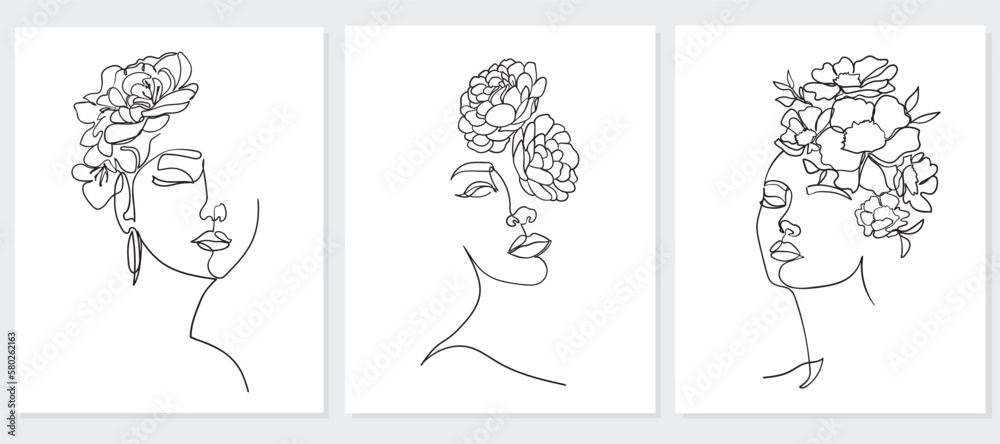 Set of portrait, face with flower. Simple, minimalist vector illustration of beautiful woman. Line drawing