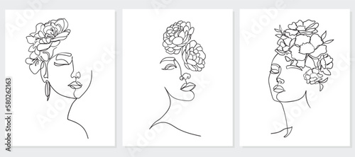 Set of portrait, face with flower. Simple, minimalist vector illustration of beautiful woman. Line drawing